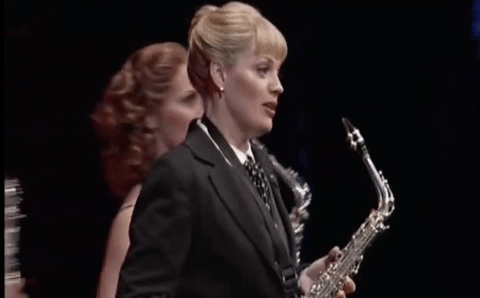 Elizabeth Stanley GIF- Company GIF- Saxophone GIF